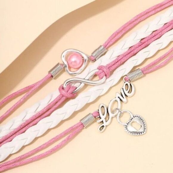 INFINITY LOVE PINK PEARL HEART LOCK LEATHER LAYERED BRACELET IN PINK AND WHITE - Picture 4 of 5